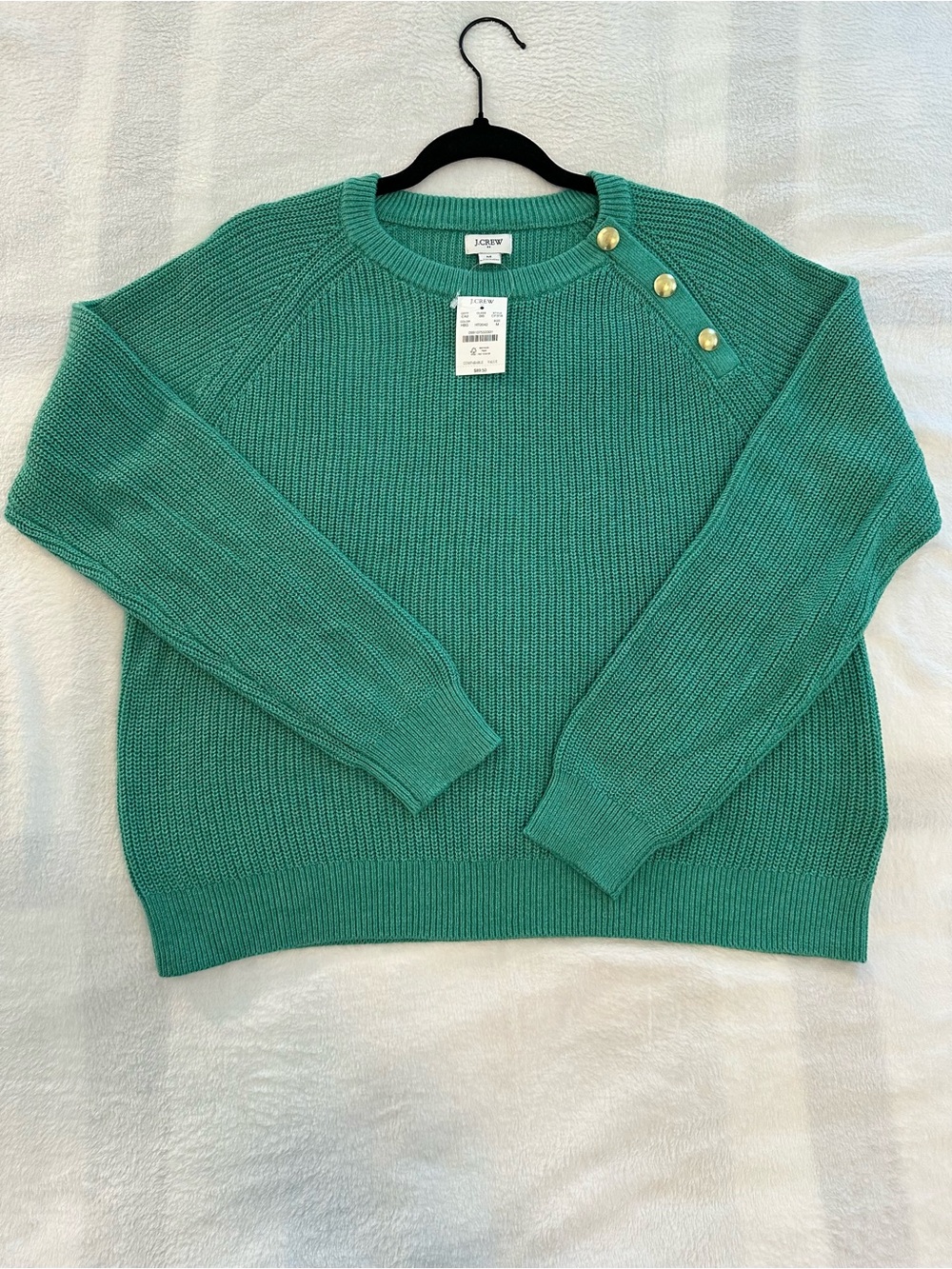 J. Crew Green Knit Crewneck Sweater with Gold Shoulder Buttons, M, NWT